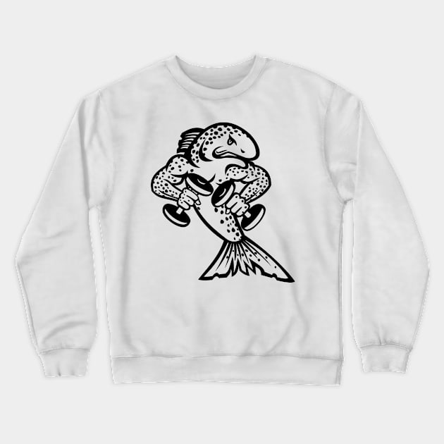 Muscular Brown Trout or Salmon Breaking Lifting Dumbbell Weights Cartoon Mascot Black and White Crewneck Sweatshirt by patrimonio